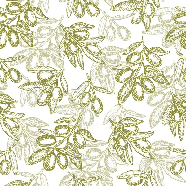 Оливковая Ветвь Фруктами Линейное Графическое Чернильное Искусство Бесшовный Рисунок Фона — стоковый вектор