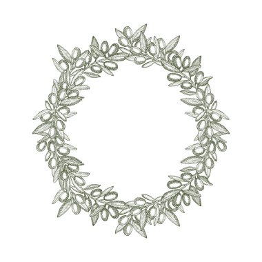 Zeytin dalından yapılmış yuvarlak çelenk ve yazı için yeri var. Klasik el çizimi taslak vektör çizimi, doğrusal grafik mürekkep sanatı. Doğrusal grafik.