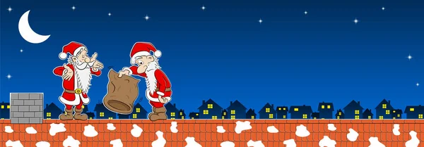 Two santa claus with empty bag on a rooftop — Stock Vector