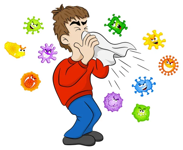 Homem espirrando com germes —  Vetores de Stock