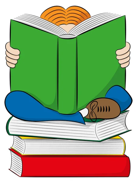 Niño leyendo sentado en una pila de libros — Vector de stock