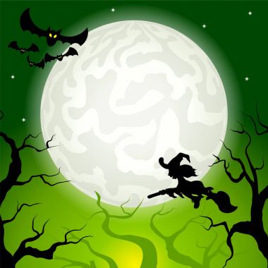 Cadı ayın üzerinde uçuyor 
