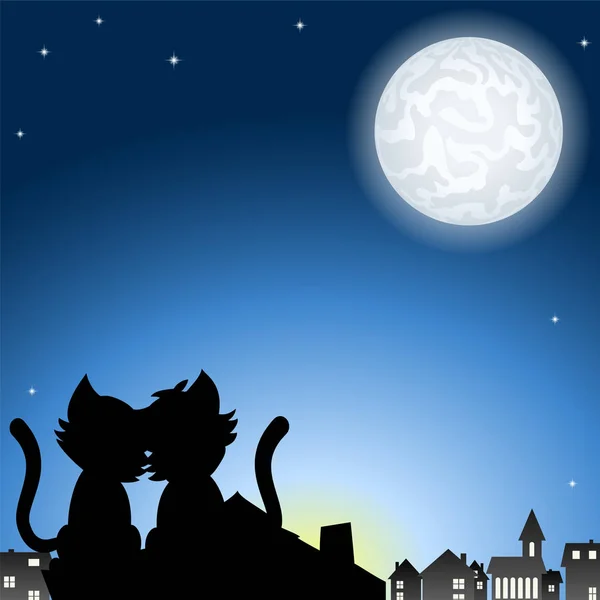 Couple chat sur un toit à la pleine lune — Image vectorielle