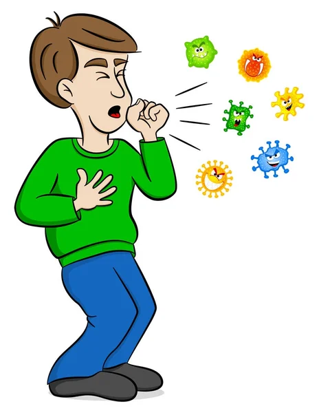 Uomo dei cartoni animati tosse e circondato da virus — Vettoriale Stock