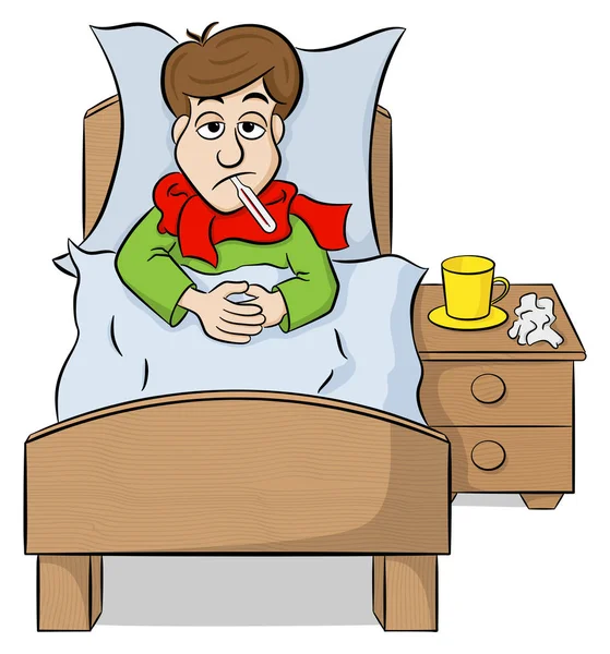 çizgi film adam ateşli yatakta yatan