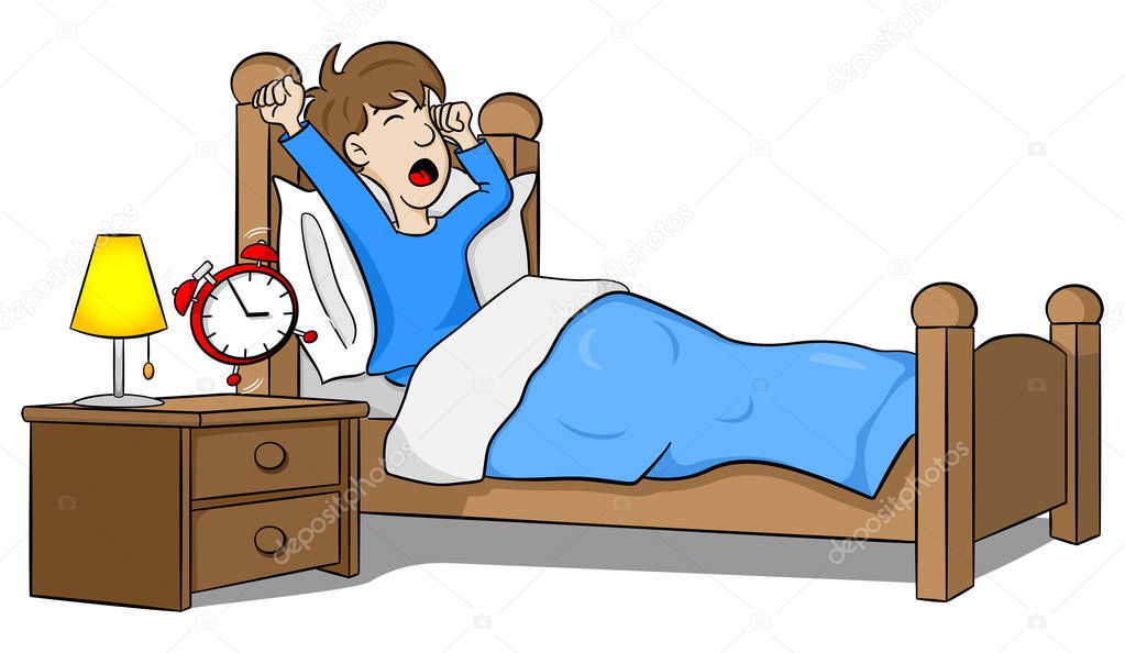 man wakes up in the morning by the alarm clock