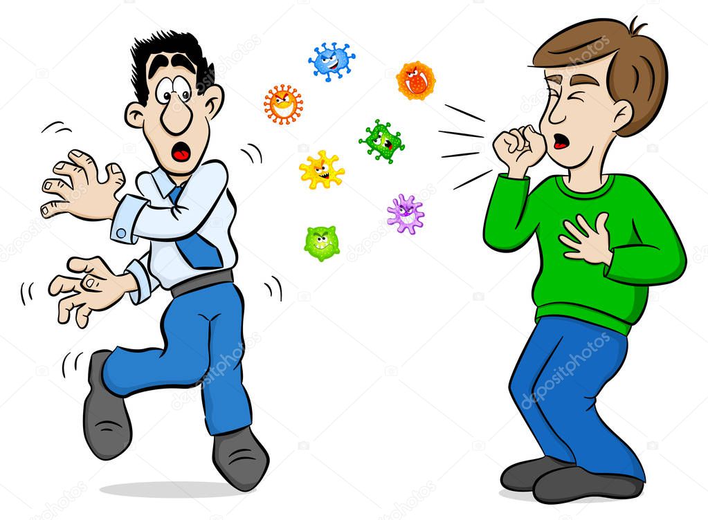 cartoon man coughing and surrounded by viruses