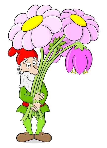 Gnomo de jardim de desenhos animados com um buquê de flores — Vetor de Stock