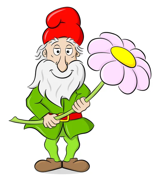 Cartoon garden gnome holding a single flower in his hands — Stock Vector