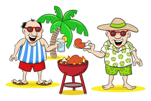 Dos hombres teniendo barbacoa en el verano — Vector de stock