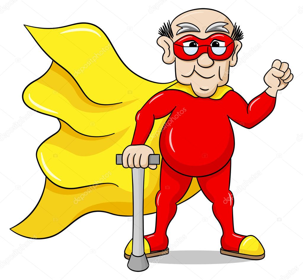 senior super hero with cape