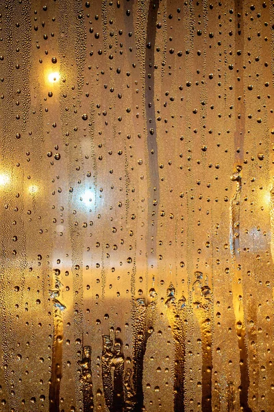 Close Window Drops Condensate Water Late Evening Yellow Street Lighting — Stock Photo, Image