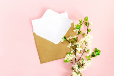Minimalist düz bir kompozisyon, yazı için beyaz boş bir kartpostal, el işi kağıdından bir zarf, bir kalem ve pembe arka planda çiçekli bir kiraz dalı. Üst görünüm.