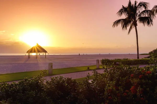 壮观的日落在长岛海滩 墨西哥湾 佛罗里达州 美国的延伸海滩 日落与放松棕榈茅草和平静的海洋在海滩 海滩景观背景 — 图库照片