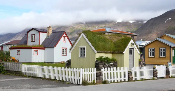 Case islandesi tradizionali e recinzione bianca — Foto Stock