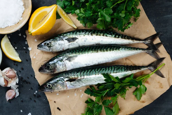Verse makreel vissen met ingrediënten om te koken — Stockfoto