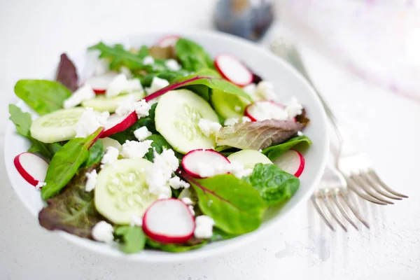 Salade mixte avec feuilles de bébé, radis, concombre et fromage feta — Photo