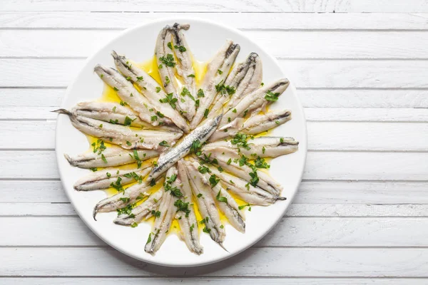 Anchoas Marinadas Vinagre Con Aceite Oliva Perejil Tapa Tradicional Española Imagen De Stock