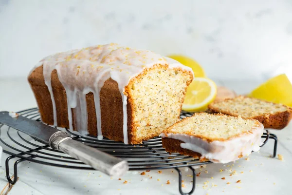 Glazed Lemon Pound Cake Loaf Poppy Seed Lemon Zest Cooling — Stock Photo, Image