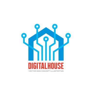 Dijital akıllı ev - vektör logo şablonu konsept illüstrasyon. Modern teknoloji yaratıcı işareti. Tasarım öğesi.