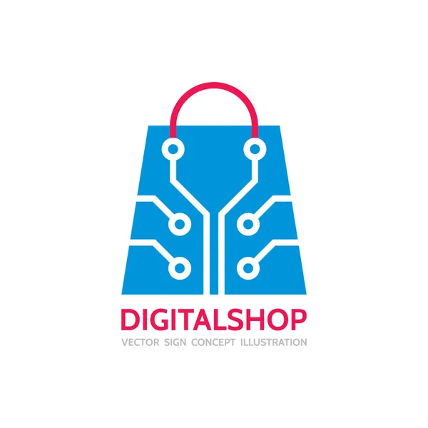 Digitale winkel - vector logo sjabloon concept illustratie. Winkelen handzak met elektronische computer chip creatieve teken. Ontwerpelement. — Stockvector