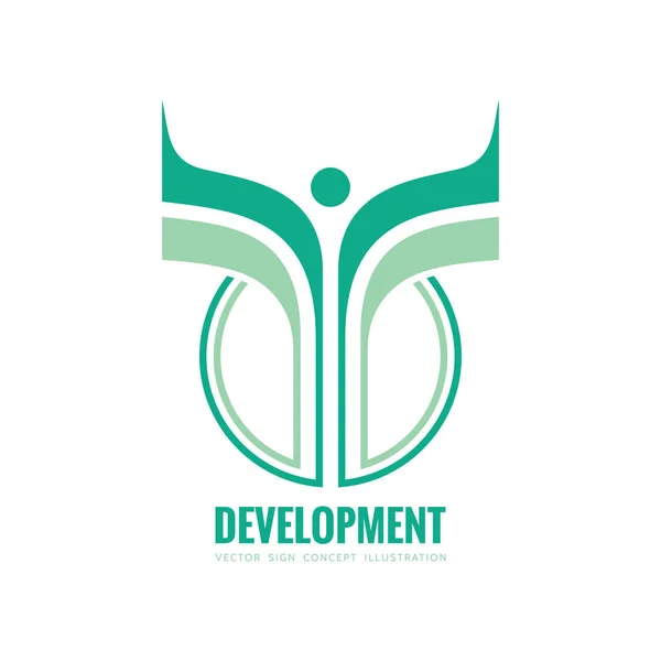 Fejlesztés - vektoros logo sablon koncepció illusztráció. Absztrakt stilizált emberi jellem, zöld levelek kreatív jel kör alakú. Szárnyak szimbólum. Design elem. — Stock Vector