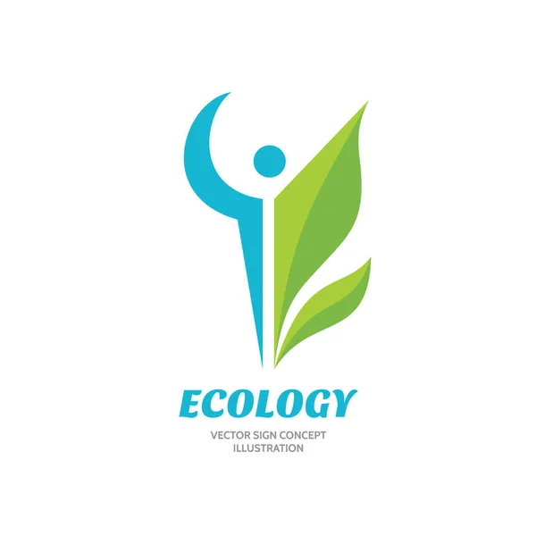 Ecologie - vector logo sjabloon concept illustratie. Abstracte menselijke karakter en groene bladeren creatieve teken. Symbool van de natuur. Ontwerpelement. — Stockvector