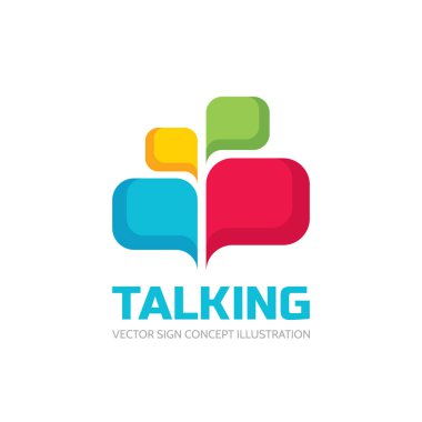 Talking - konuşma balonları vektör logo kavramı çizimde düz stil. Diyalog simgesi. Sohbet işareti. Sosyal medya simge. İletişim mesajlar Insignia. Tasarım öğesi.