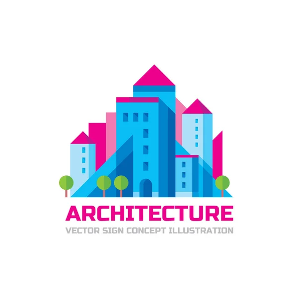 Arquitectura - plantilla de logotipo vectorial en diseño de estilo plano. Signo creativo de bienes raíces. Ilustración del concepto de construcción. Símbolo ciudad. Estructura urbana abstracta arte . — Vector de stock