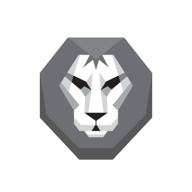 Aslan başı - vektör logo işareti kavramı çizimde düz stil tasarım gri tonlama renk. Vahşi kedi grafik sanatı. Tasarım öğesi.