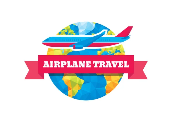 Ταξίδια αεροπλάνο - εικονογράφηση έννοια λογότυπο φορέα. Αφηρημένο κόσμο, κορδέλα και αεροσκαφών. — Διανυσματικό Αρχείο