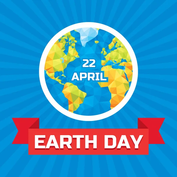 Día de la Tierra 22 de abril - ilustración del concepto vectorial con globo poligonal. Planeta globo sobre fondo de rayos azules con cinta roja. Signo mundial . — Vector de stock