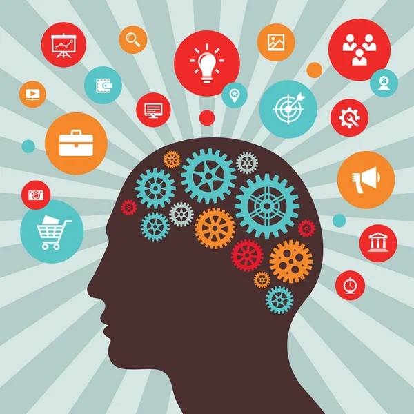 İnsan kafası ve simgeler - vektör konsept illüstrasyon düz stil tasarım. Yaratıcı bir fikir ilham düzeni. Beyin soyut işlem afiş.