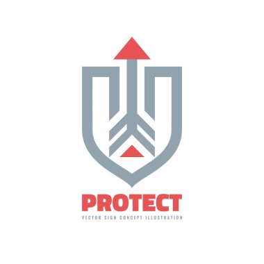 Korumak - iş logo şablonu konsept illüstrasyon vektör. Soyut kalkan ve ok. Koruma işareti. Tasarım öğesi. 