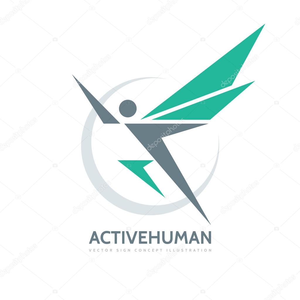 Active human character - vector business logo template concept illustration. Abstract man with wings. Creative sign. Design element.