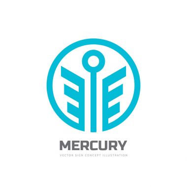 Merkür - vektör logo şablonu konsept illüstrasyon. Ticaret soyut yaratıcı sembol stilize tanrısı. Mutluluk iş sembolü. Kanatları daire şeklinde. Tasarım öğesi. 