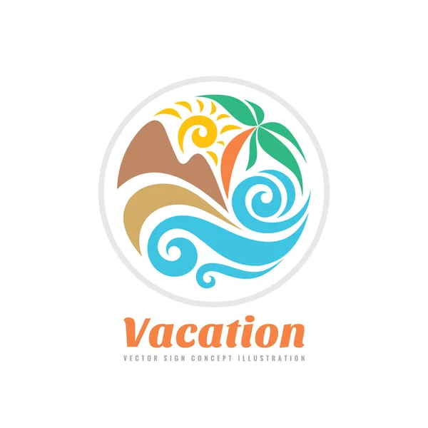 Verano vacaciones vector logotipo concepto ilustración en forma de círculo. Paraíso playa color signo gráfico. Balneario, sol, montañas, palmeras y olas. — Vector de stock