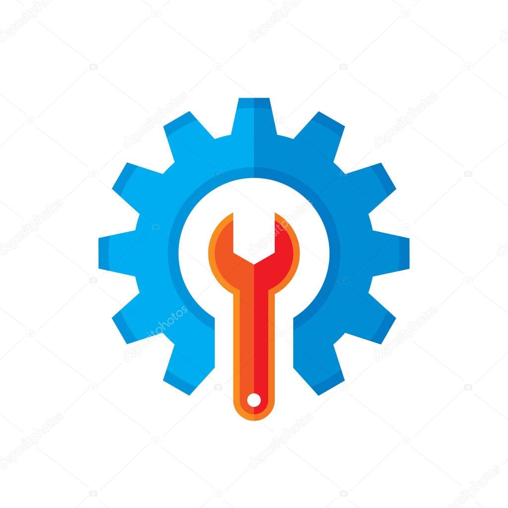Gear and wrench vector logo template concept illustration in flat style. Support icon. Setting flat icon. Cog sign. SEO insignia. Design element.