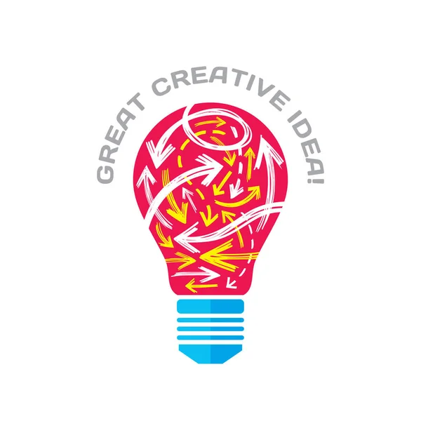 Geweldig creatieve idee - vectorillustratie concept. Gloeilamp en schets pijlen. Elektrische lamp symbool. Brainstorm teken. Ontwerpelement. — Stockvector