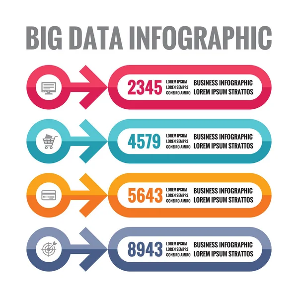 Infografika wielkich zbiorów danych - biznes koncepcja wektorowa w płaski. Poziomy układ creative cztery banery. Infografika numerowane krok opcje. Ikony i element projektu. — Wektor stockowy