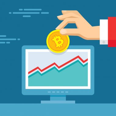 Dijital para bitcoin - düz stil vektör kavramı resimde. İnsan eli afiş. Yatırım para yaratıcı düzeni. Modern ekonomi ekonomik. Grafik tasarım.
