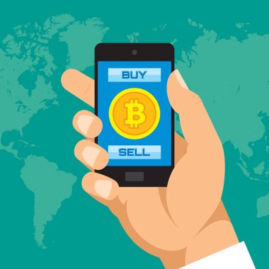 Smartphone uygulama - düz stil vektör kavramı çizimde dijital para bitcoin. İnsan eli afiş. Para yaratıcı düzeni. Modern ekonomi ekonomik. Grafik tasarım. 