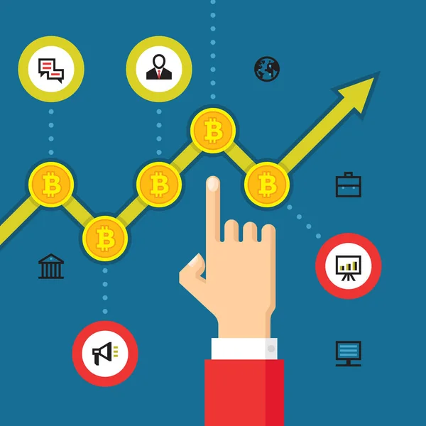 Digital currency bitcoin - vector concept illustration in flat style. Human hand and exchange schedule of growth. Investment money creative banner. Infographic of modern finance economic. — Stock Vector