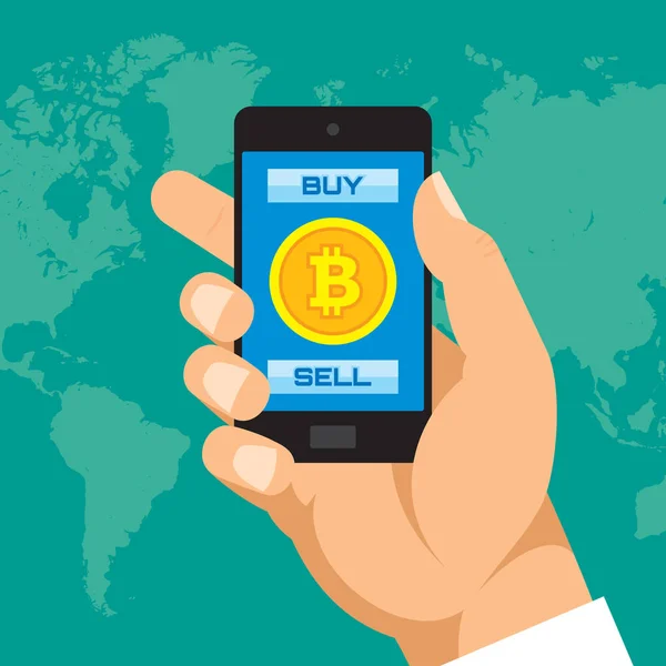 Bitcoin moneda digital en aplicación de teléfono inteligente - ilustración de concepto de vector en estilo plano. Banner de mano humana. Diseño creativo de dinero. Finanzas económicas modernas. Diseño gráfico . — Vector de stock