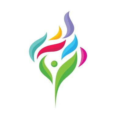 Renkli yaprakları - vektör logo şablonu konsept illüstrasyon soyut insan karakteri. Yeşil ve renkli yaprakları yaratıcı işareti. Postive iyimserlik sembolü. Ağaç soyutlama simgesi. Tasarım öğesi.