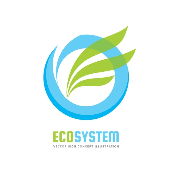 Sistema de ecologia - ilustração do conceito de modelo de logotipo vetorial. Anel de água azul e folhas verdes. Sinal de natureza abstrato. Elemento de projeto . — Vetor de Stock