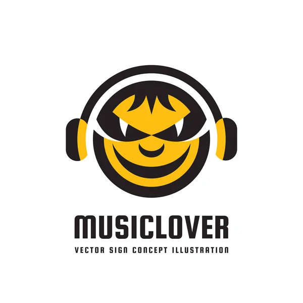 Muziek lover - vector logo concept illustratie in vlakke stijl ontwerp. Audio mp3 teken. Moderne geluidspictogram. DJ symbool. Menselijk hoofd karakter. Hoofdtelefoon de insignia. Platenlabel liedjes. — Stockvector