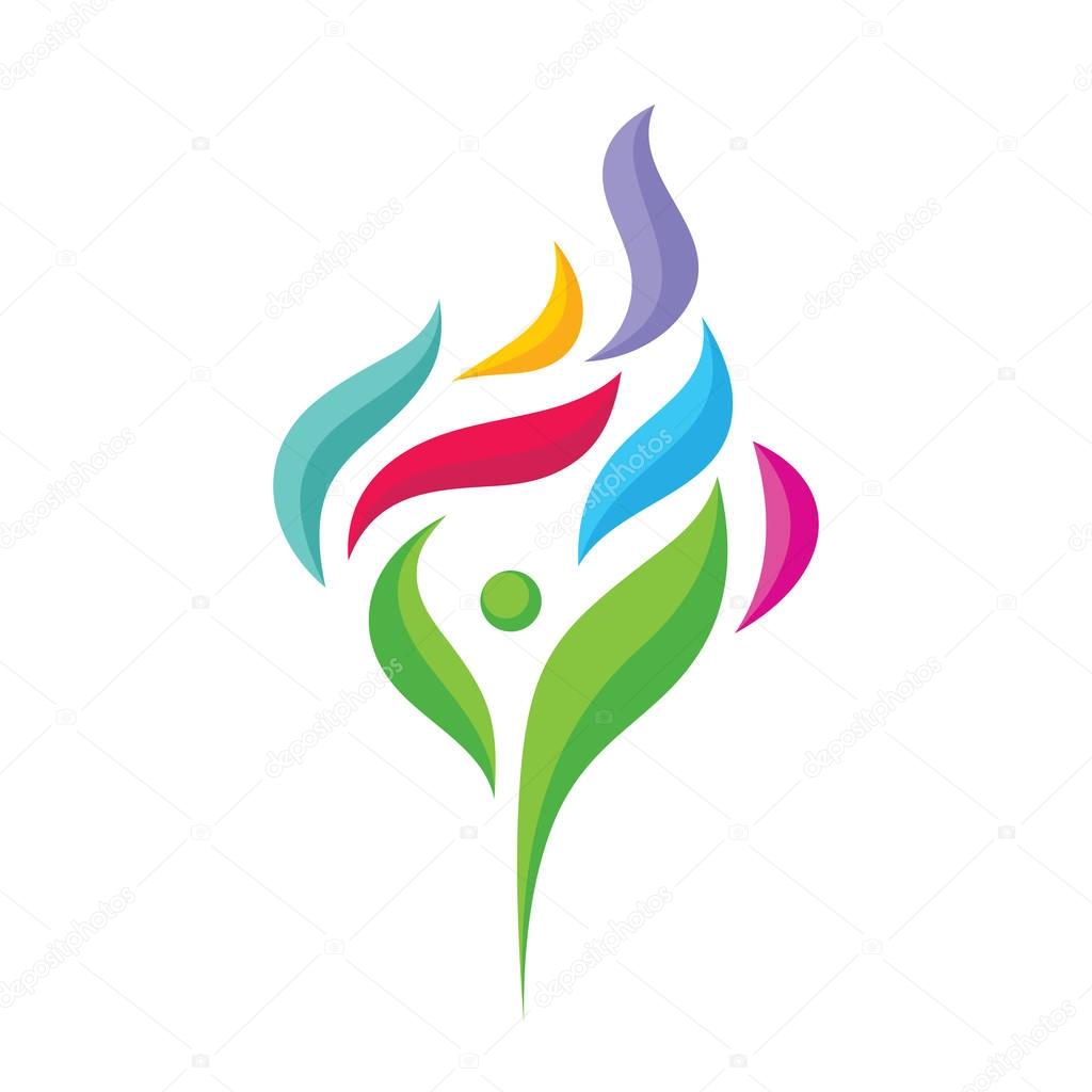 Abstract human character with colored petals - vector logo template concept illustration. Green and colorful leaves creative sign. Postive optimism symbol. Tree abstraction icon. Design element.