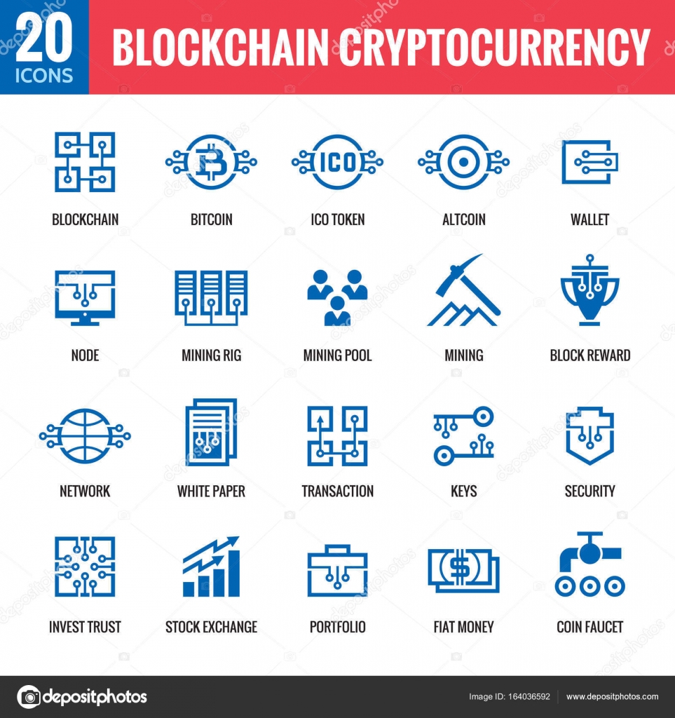 Криптовалюта Blockchain - 20 векторных иконок. Набор ...