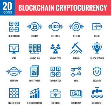 Blockchain cryptocurrency - 20 simgeler vektör. Modern bilgisayar ağı teknolojisi oturum küme. Dijital grafik sembolü koleksiyonu. Bitcoin Maliye. Konsept tasarım öğeleri. 
